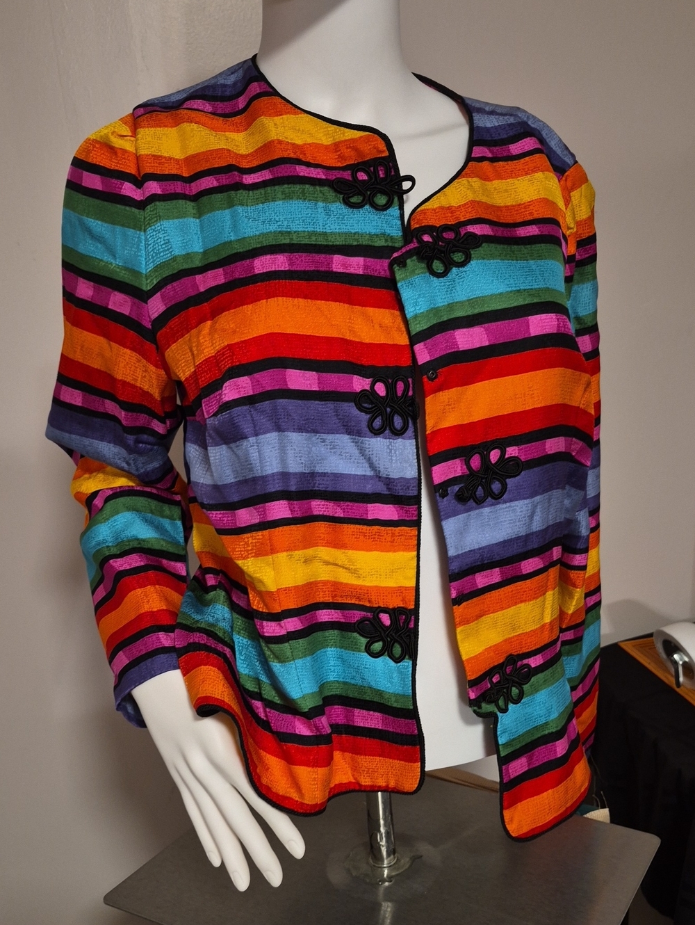 Maggy London Multicolor Striped Open-Front Jacket with Black Trim